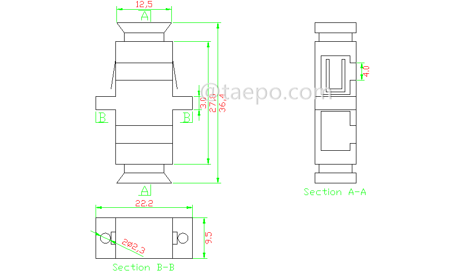Schematic Diagrams for SC APC Fiber optic adapter with shutter