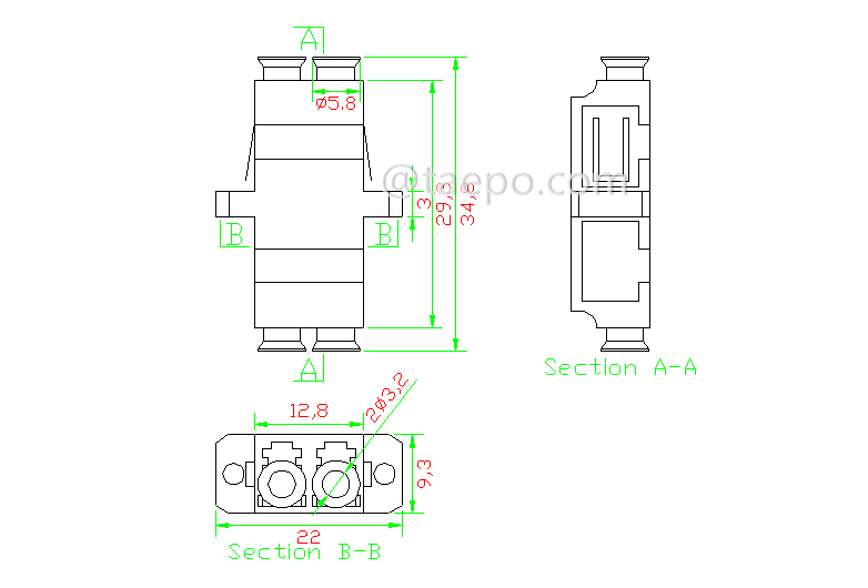 Schematic Diagrams for Singlemode duplex UPC LC to LC Fiber optic adapter