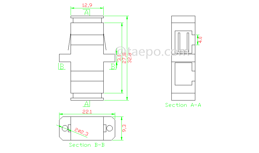 Schematic Diagrams for Single mode simplex SC APC fiber optic adapter