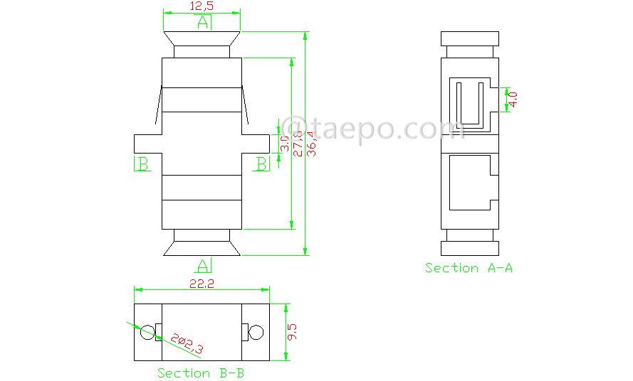 Schematic Diagrams for Singlemode simplex SC UPC Fiber optic adapter with shutter 