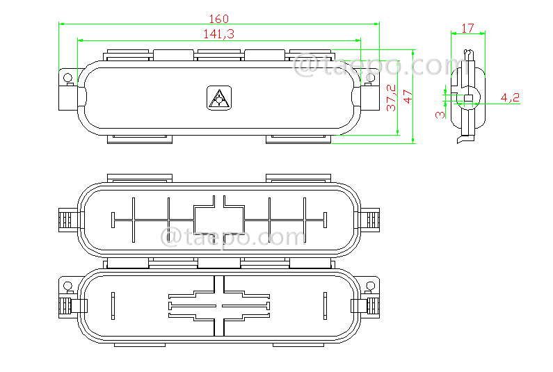 Schematic Diagrams for  1 inlet 1 oulet drop cable fiber optic splice box