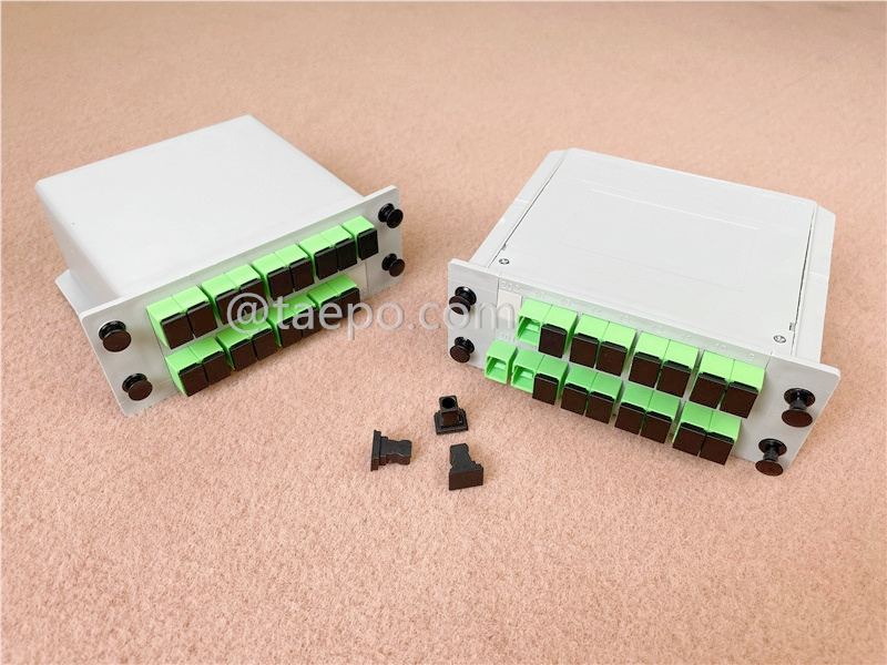 Fiber optic splitter, PLC, casette type, G657A, 1x16, 0.9mm loose tube, with SC/APC connector