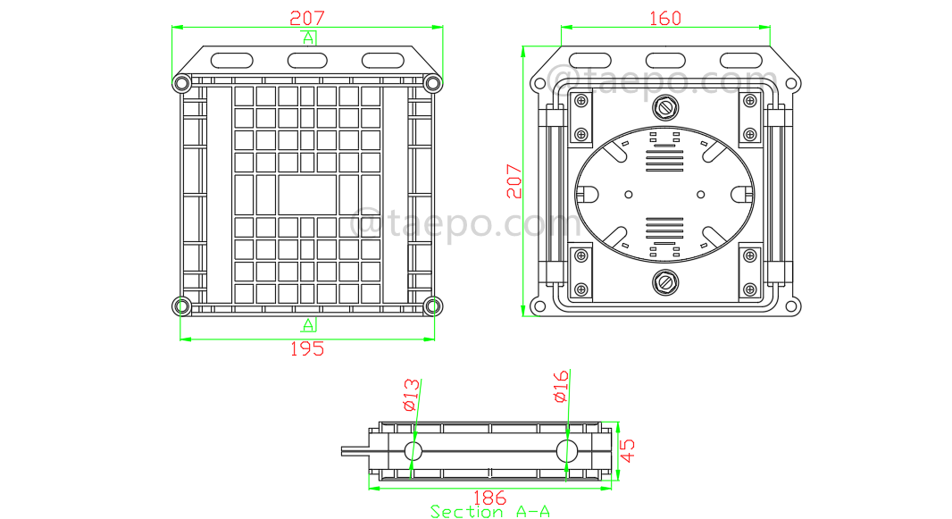 Drawing for Fiber optic splice closure (FOSC), horizontal type, mechanical sealing, 24 fibers
