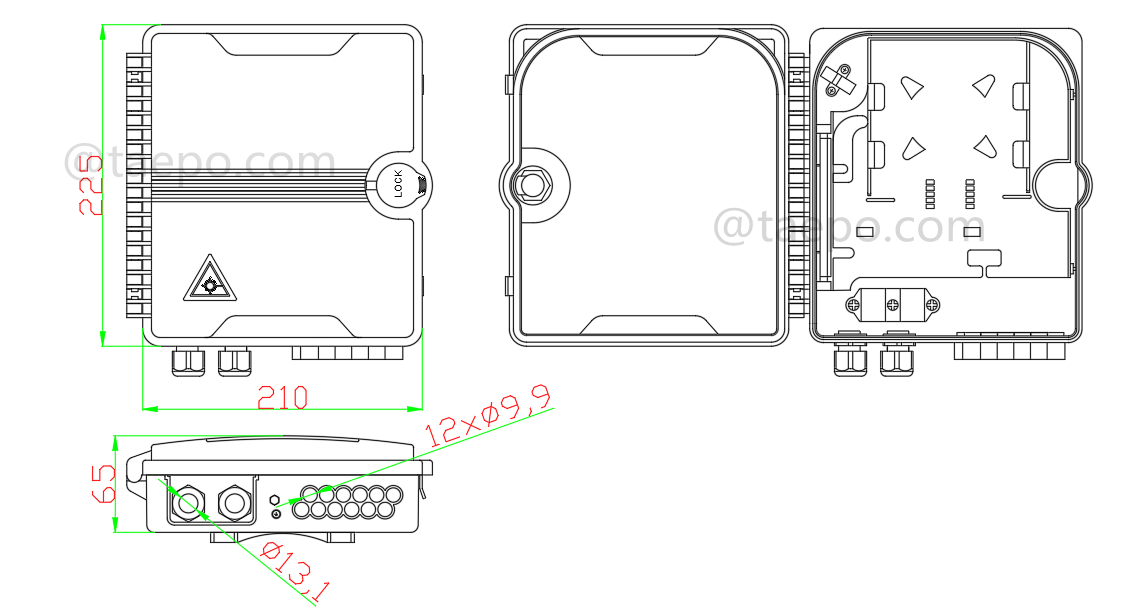 Drawing for Fiber splitter box (FSB), outdoor, SC, 8 fibers, plastic housing
