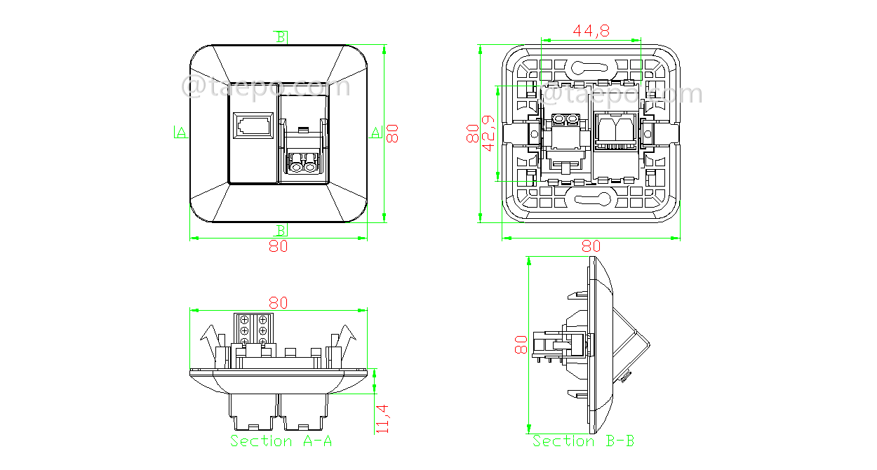 Drawing for Hybrid outlet LC/APC duplex + 1-port UK socket