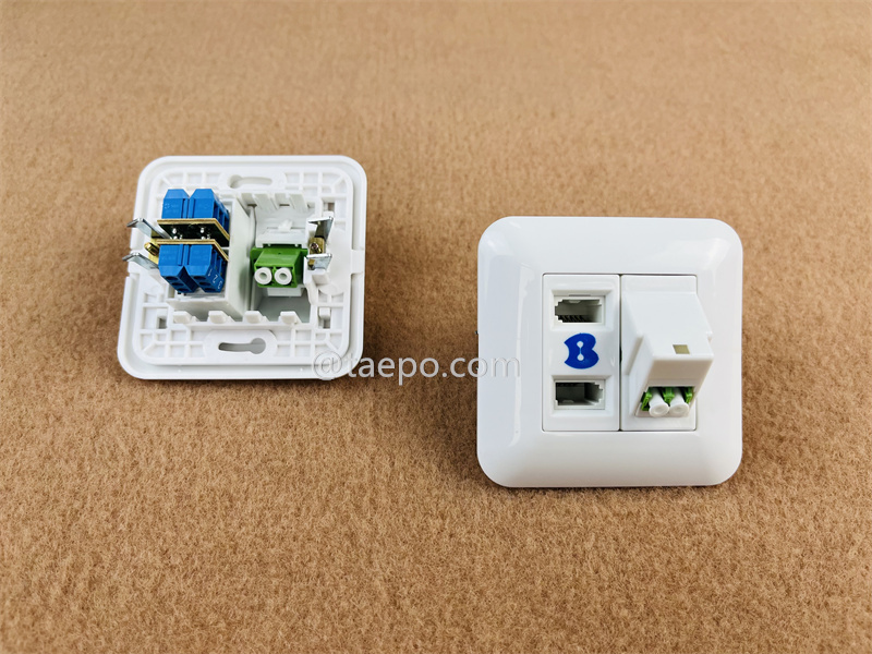 Hybrid outlet LC/APC duplex + 2-port UK socket