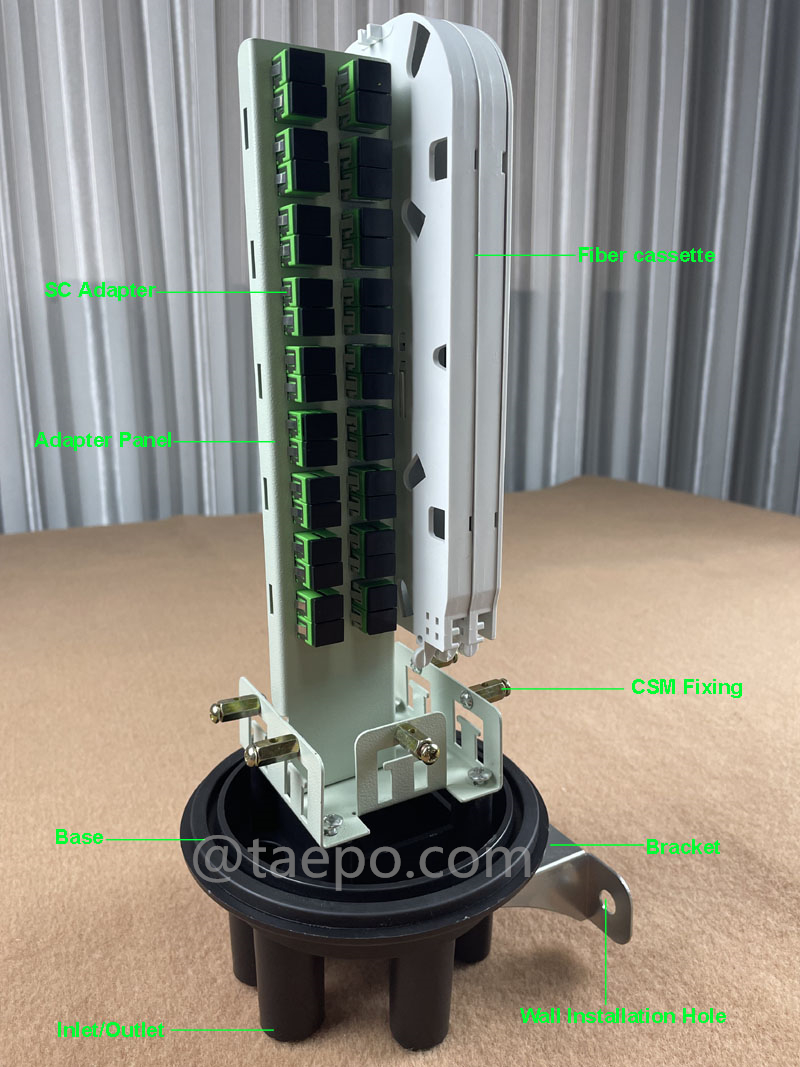 Illustration pictures for Fiber optic splice closure (FOSC), vertical type, heat shrink sealing, SC/APC 36 fibers