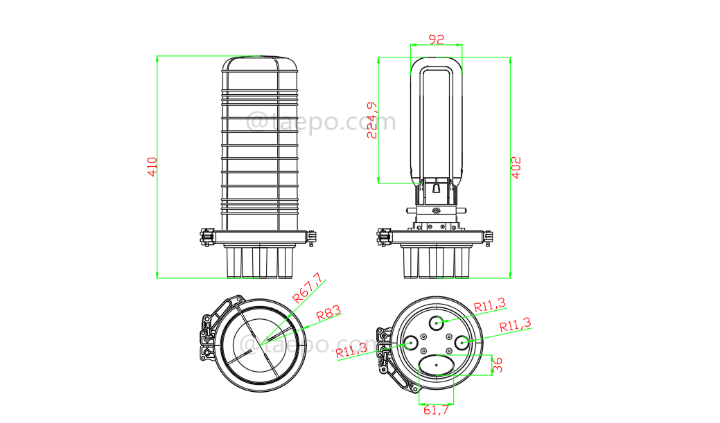 Drawing for Fiber optic splice closure (FOSC), vertical type, heat shrink sealing, 96 fibers, max 96 bunchy fibers