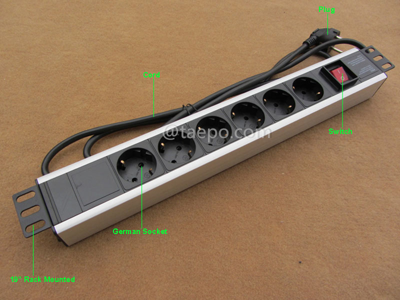 Illustration pictures for PDU, Germany standard, 16A 250VAC, 6 ways, 1.5U, with master switch