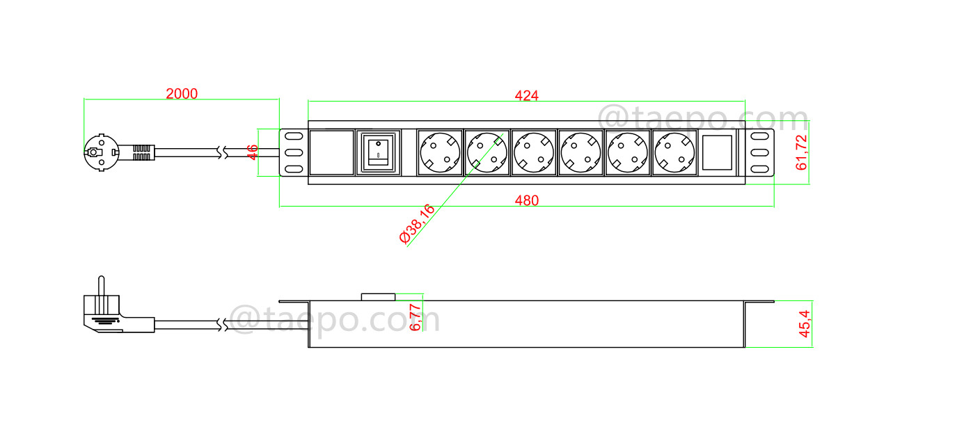 Drawing for PDU, Germany standard, 16A 250VAC, 6 ways, 1.5U, with master switch