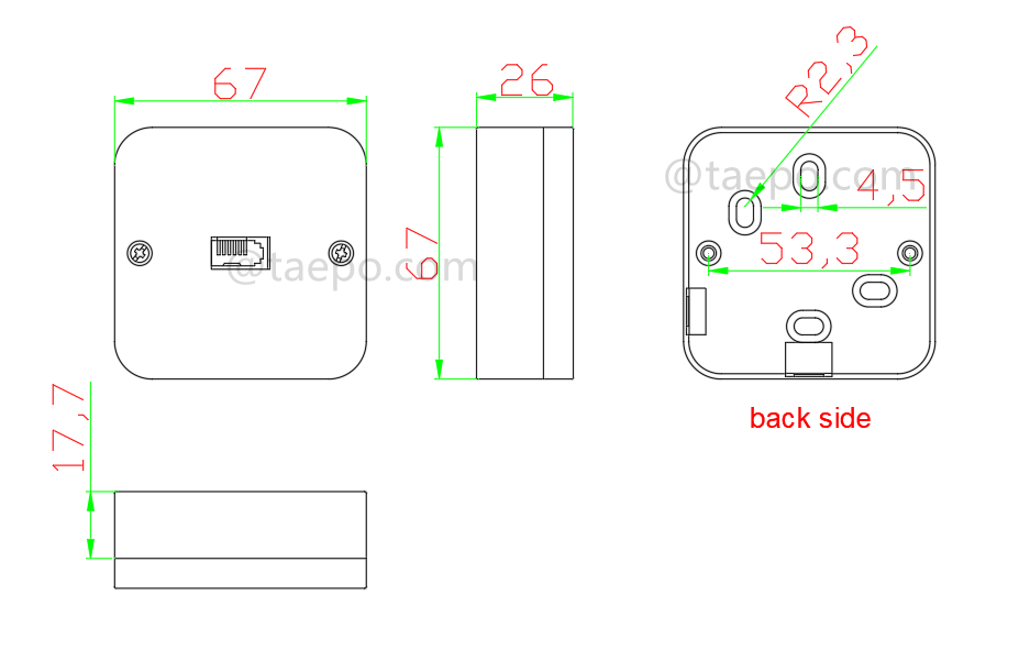 Drawing for 1-port RJ11 telephone socket, UK, CAT3, 6P6C