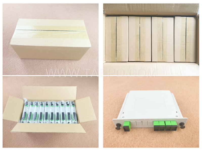 Packing pictures for Fiber optic splitter, PLC, casette type, G657A, 1x4, 0.9mm loose tube, with SC/APC connector, adapter