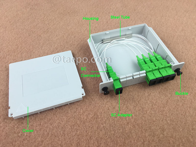 Illustration pictures for Fiber optic splitter, PLC, casette type, G657A, 1x4, 0.9mm loose tube, with SC/APC connector, adapter