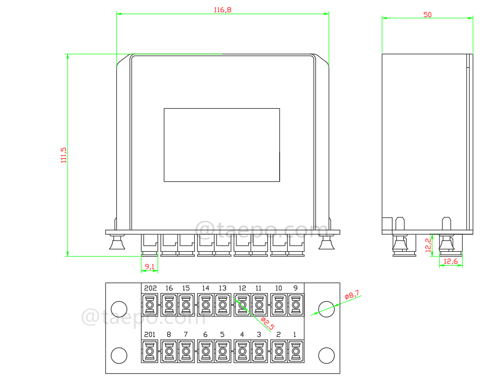 Drawing for Fiber optic splitter, PLC, casette type, G657A, 2x16, 0.9mm loose tube, with SC/APC connector