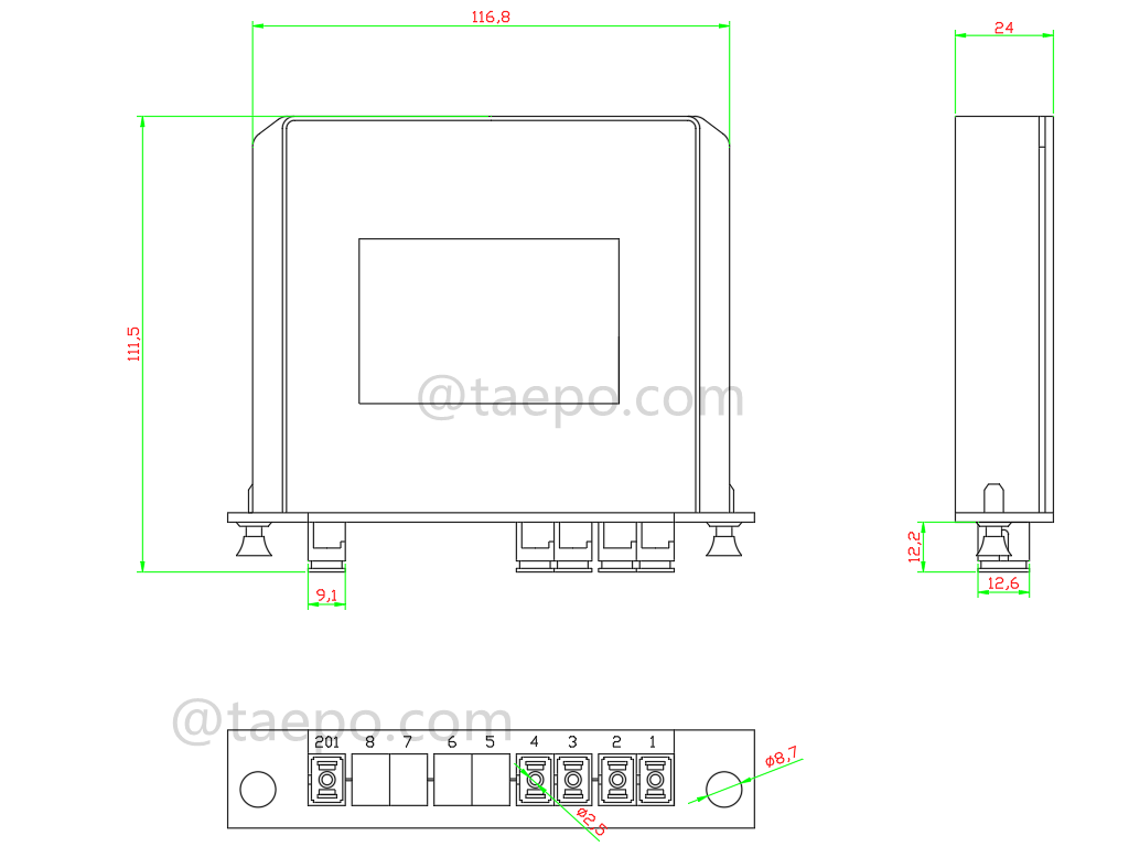 Drawing for Fiber optic splitter, PLC, casette type, G657A, 1x4, 0.9mm loose tube, with SC/APC connector, adapter