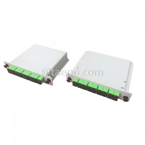 Fiber optic splitter, PLC, casette type, G657A, 1x8, 0.9mm loose tube, with SC/APC connector, adapter