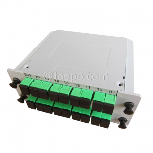 Fiber optic splitter, PLC, casette type, G657A, 2x16, 0.9mm loose tube, with SC/APC connector