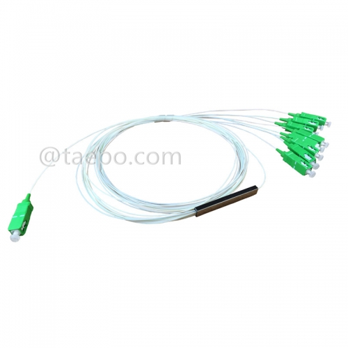 Fiber optic splitter, PLC, steel tube, G657A, 1x8, 0.9mm loose tube, 1m, with SC/APC connector