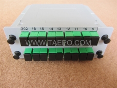 Fiber optic splitter, PLC, casette type, G657A, 2x16, 0.9mm loose tube, with SC/APC connector